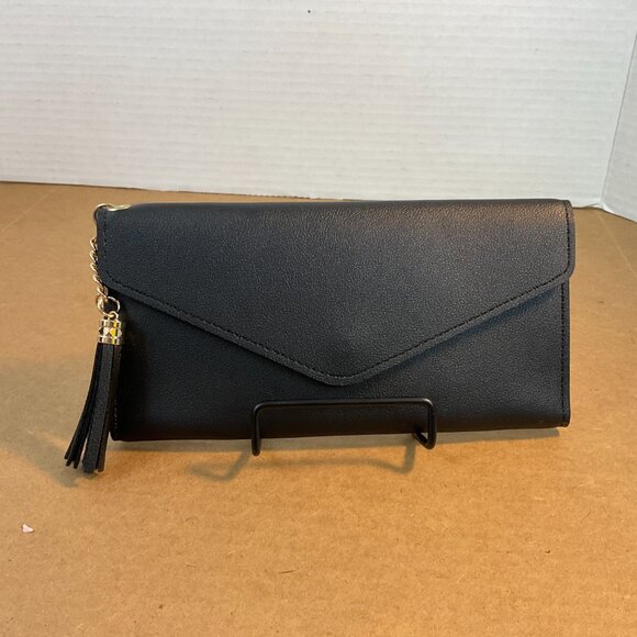 Black Faux Leather Clutch Wallet w/ Tassel Accent - Picture 2 of 7